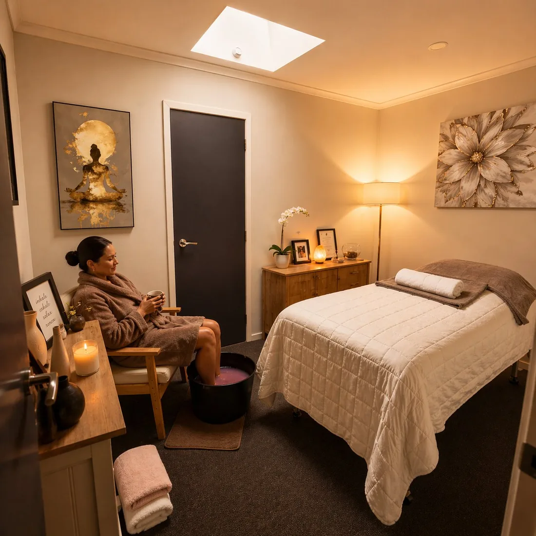 A client in a robe relaxing in the Pause by Mel studio
